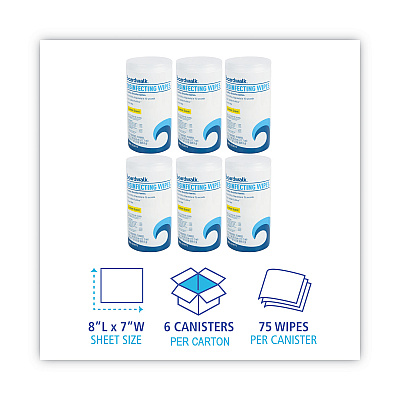 Boardwalk Disinfecting Wipes, 7 x 8, Lemon Scent, 75/Canister, 6 Canisters/Carton (BWK455W75)