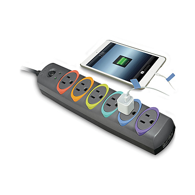 Kensington SmartSockets Color-Coded Strip Surge Protector, 6 AC Outlets, 8 ft Cord, 1,260 J, Black (KMW62144)