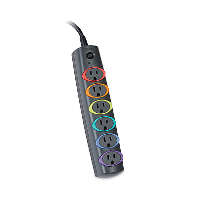 Kensington SmartSockets Color-Coded Strip Surge Protector, 6 AC Outlets, 7 ft Cord, 945 J, Black (KMW62147)
