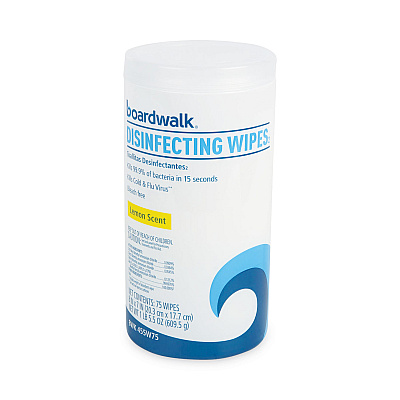 Boardwalk Disinfecting Wipes, 7 x 8, Lemon Scent, 75/Canister, 6 Canisters/Carton (BWK455W75)