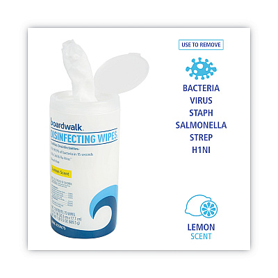 Boardwalk Disinfecting Wipes, 7 x 8, Lemon Scent, 75/Canister, 6 Canisters/Carton (BWK455W75)