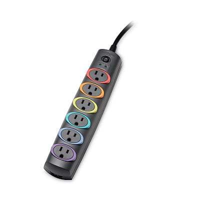 Kensington SmartSockets Color-Coded Strip Surge Protector, 6 AC Outlets, 6 ft Cord, 670 J, Black (KMW62146)