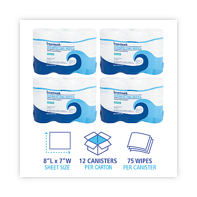 Boardwalk Disinfecting Wipes, 7 x 8, Fresh Scent, 75/Canister, 12 Canisters/Carton (BWK454W753CT)