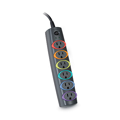Kensington SmartSockets Color-Coded Strip Surge Protector, 6 AC Outlets, 8 ft Cord, 1,260 J, Black (KMW62144)