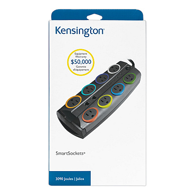 Kensington SmartSockets Surge Protector, 8 AC Outlets, 8 ft Cord, 3,090 J, Dark Gray (KMW62691)