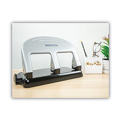 Bostitch 40-Sheet EZ Squeeze Three-Hole Punch, 9/32" Holes, Black/Silver (ACI2240)