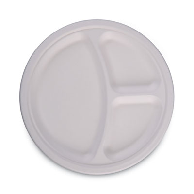 Boardwalk Bagasse Dinnerware, 3-Compartment Plate, 10" dia, White, 500/Carton (BWKPLATEWF3CM10)
