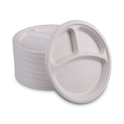 Boardwalk Bagasse Dinnerware, 3-Compartment Plate, 10" dia, White, 500/Carton (BWKPLATEWF3CM10)