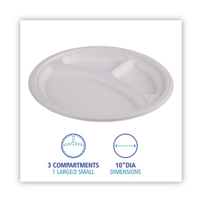 Boardwalk Bagasse Dinnerware, 3-Compartment Plate, 10" dia, White, 500/Carton (BWKPLATEWF3CM10)