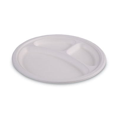 Boardwalk Bagasse Dinnerware, 3-Compartment Plate, 10" dia, White, 500/Carton (BWKPLATEWF3CM10)