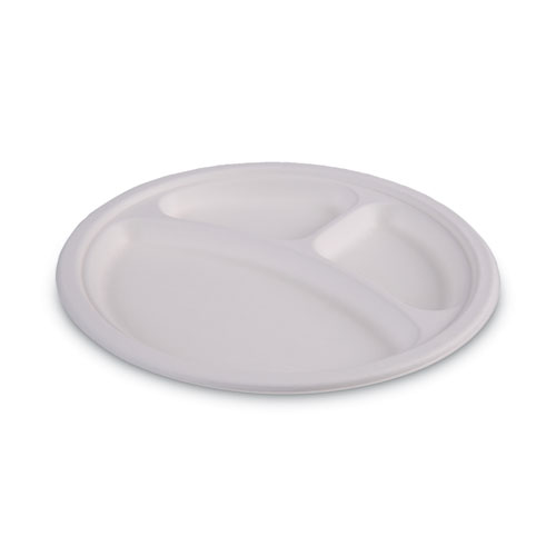Boardwalk Bagasse Dinnerware, 3-Compartment Plate, 10" dia, White, 500/Carton (PLATEWF3CM10)