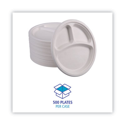 Boardwalk Bagasse Dinnerware, 3-Compartment Plate, 10" dia, White, 500/Carton (BWKPLATEWF3CM10)