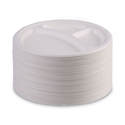 Boardwalk Bagasse Dinnerware, 3-Compartment Plate, 10" dia, White, 500/Carton (BWKPLATEWF3CM10)
