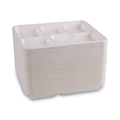 Boardwalk Bagasse Dinnerware, 5-Compartment Tray, 10 x 8, White, 500/Carton (BWKTRAYWF128)