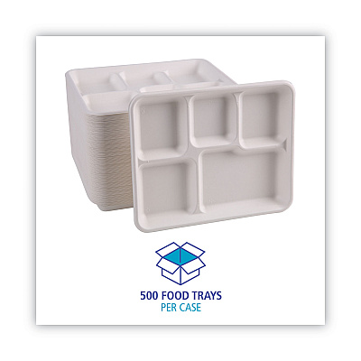 Boardwalk Bagasse Dinnerware, 5-Compartment Tray, 10 x 8, White, 500/Carton (BWKTRAYWF128)
