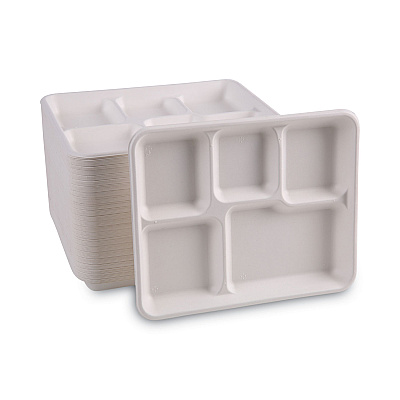 Boardwalk Bagasse Dinnerware, 5-Compartment Tray, 10 x 8, White, 500/Carton (BWKTRAYWF128)