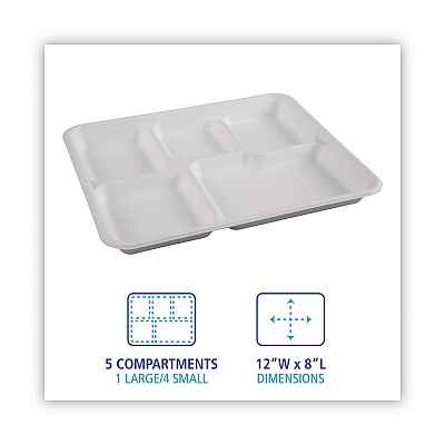 Boardwalk Bagasse Dinnerware, 5-Compartment Tray, 10 x 8, White, 500/Carton (BWKTRAYWF128)