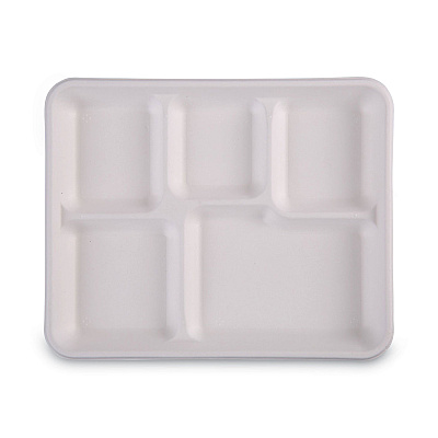 Boardwalk Bagasse Dinnerware, 5-Compartment Tray, 10 x 8, White, 500/Carton (BWKTRAYWF128)