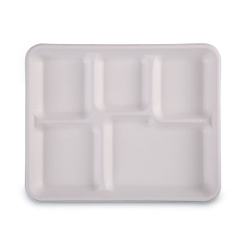 Boardwalk Bagasse Dinnerware, 5-Compartment Tray, 10 x 8, White, 500/Carton (TRAYWF128)