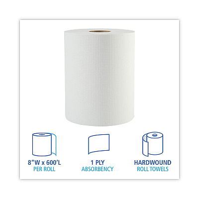 Boardwalk Hardwound Paper Towels, 1-Ply, 8" x 600 ft, White, 2" Core, 12 Rolls/Carton (BWK6261B)