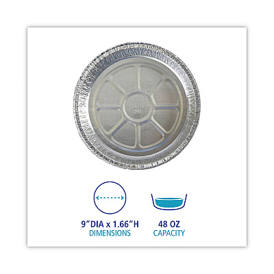 Boardwalk Round Aluminum To-Go Containers, 300 Gauge, 48 oz, 9" Diameter x 1.66"h, Silver, 500/Carton (BWKROUND9)