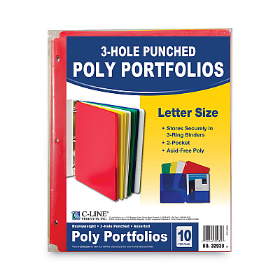 C-Line Two-Pocket Heavyweight Poly Portfolio Folder, 3-Hole Punch, 11 x 8.5, Assorted, 10/Pack (CLI32930)