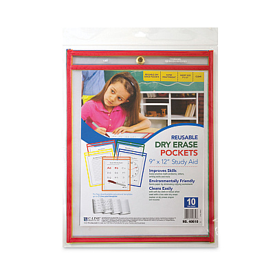 C-Line Reusable Dry Erase Pockets, 9 x 12, Assorted Primary Colors, 10/Pack (CLI40610)