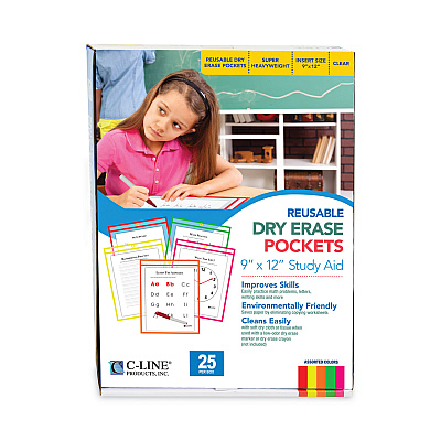 C-Line Reusable Dry Erase Pockets, 9 x 12, Assorted Neon Colors, 25/Box (CLI40820)