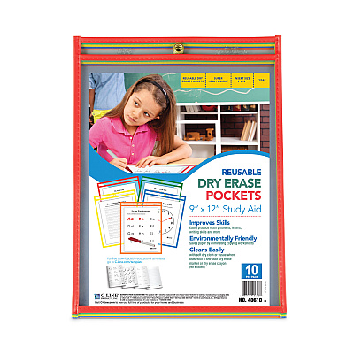 C-Line Reusable Dry Erase Pockets, 9 x 12, Assorted Primary Colors, 10/Pack (CLI40610)
