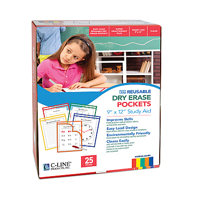 C-Line Reusable Dry Erase Pockets, Easy Load, 9 x 12, Assorted Primary Colors, 25/Pack (CLI42620)