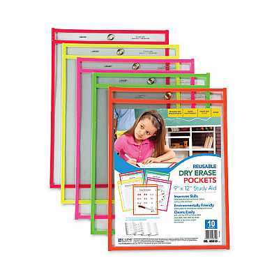 C-Line Reusable Dry Erase Pockets, 9 x 12, Assorted Neon Colors, 10/Pack (CLI40810)