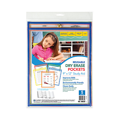 C-Line Reusable Dry Erase Pockets, 9 x 12, Assorted Primary Colors, 5/Pack (CLI40630)