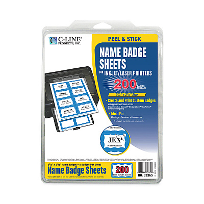 C-Line Laser Printer Name Badges, 3 3/8 x 2 1/3, White/Blue, 200/Box (CLI92365)
