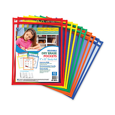 C-Line Reusable Dry Erase Pockets, 9 x 12, Assorted Primary Colors, 10/Pack (CLI40610)