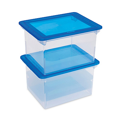 Storex Plastic File Tote, Letter/Legal Files, 18.5" x 14.25" x 10.88", Clear/Blue (STX61508U01C)