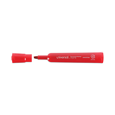 Universal Chisel Tip Permanent Marker, Broad Chisel Tip, Red, Dozen (UNV07052)