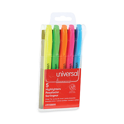 Universal Pocket Highlighters, Assorted Ink Colors, Chisel Tip, Assorted Barrel Colors, 5/Set (UNV08850)