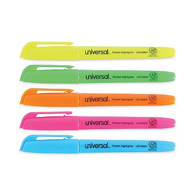 Universal Pocket Highlighters, Assorted Ink Colors, Chisel Tip, Assorted Barrel Colors, 5/Set (UNV08850)