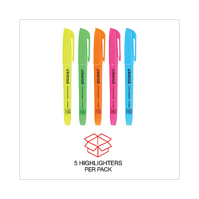 Universal Pocket Highlighters, Assorted Ink Colors, Chisel Tip, Assorted Barrel Colors, 5/Set (UNV08850)
