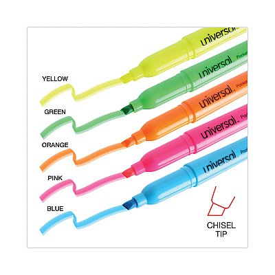 Universal Pocket Highlighters, Assorted Ink Colors, Chisel Tip, Assorted Barrel Colors, 5/Set (UNV08850)