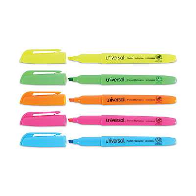 Universal Pocket Highlighters, Assorted Ink Colors, Chisel Tip, Assorted Barrel Colors, 5/Set (UNV08850)