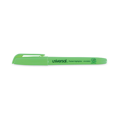 Universal Pocket Highlighters, Fluorescent Green Ink, Chisel Tip, Green Barrel, Dozen (UNV08852)