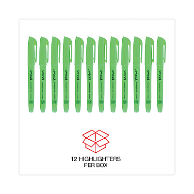 Universal Pocket Highlighters, Fluorescent Green Ink, Chisel Tip, Green Barrel, Dozen (UNV08852)