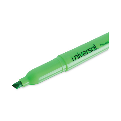 Universal Pocket Highlighters, Fluorescent Green Ink, Chisel Tip, Green Barrel, Dozen (UNV08852)