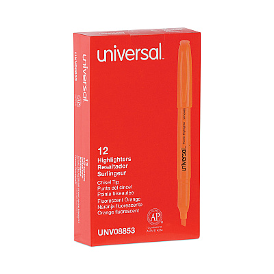 Universal Pocket Highlighters, Fluorescent Orange Ink, Chisel Tip, Orange Barrel, Dozen (UNV08853)