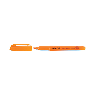 Universal Pocket Highlighters, Fluorescent Orange Ink, Chisel Tip, Orange Barrel, Dozen (UNV08853)