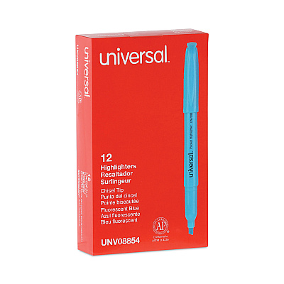 Universal Pocket Highlighters, Fluorescent Blue Ink, Chisel Tip, Blue Barrel, Dozen (UNV08854)