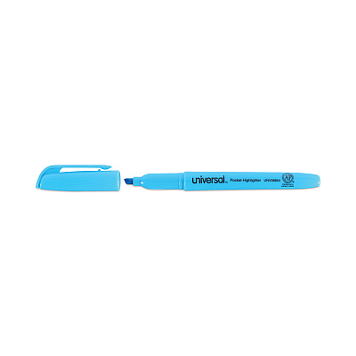 Universal Pocket Highlighters, Fluorescent Blue Ink, Chisel Tip, Blue Barrel, Dozen (UNV08854)