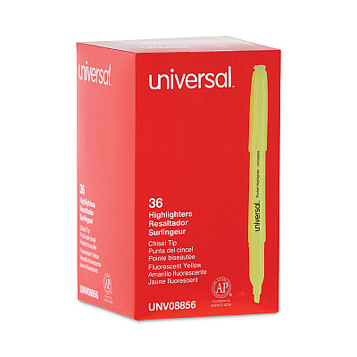 Universal Pocket Highlighter Value Pack, Fluorescent Yellow Ink, Chisel Tip, Yellow Barrel, 36/Pack (UNV08856)