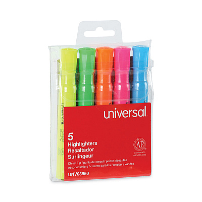 Universal Desk Highlighters, Assorted Ink Colors, Chisel Tip, Assorted Barrel Colors, 5/Set (UNV08860)
